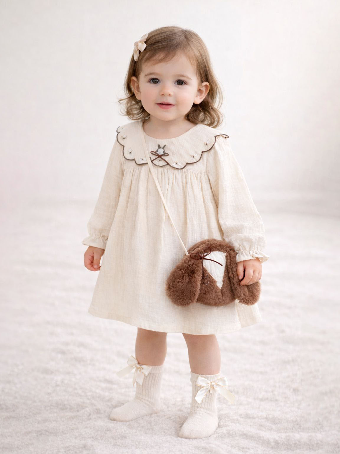 Krem Tavşanlı Müslin Elbise-Çantalı | Image Not Found